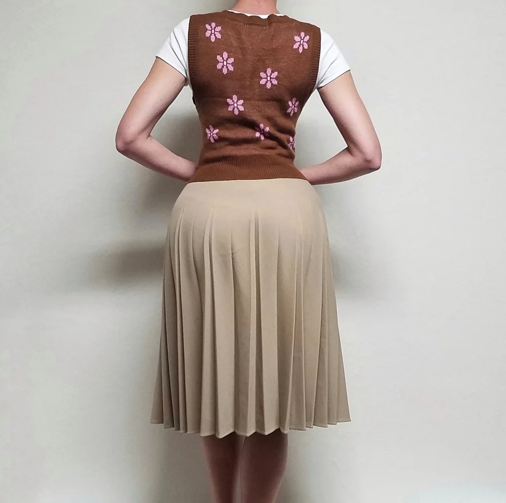 Deadstock Vintage 70s Caper-mates Stretchy Khaki Top-stitch Pleat Midi Skirt 12